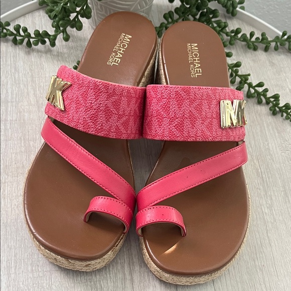 Michael Kors Shoes - Michael Kors Pink Platform Toe-Ring Slide Sandals with Gold MK Accent